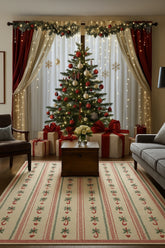 Holiday washable rug with playful red and green design on cream background